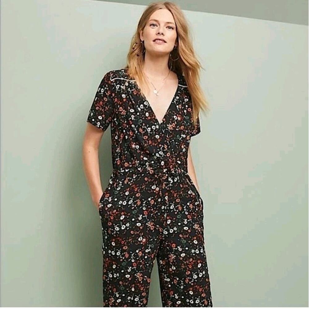 Anthropologie Porridge Black Jumpsuit S wide Leg Dainty Floral Print Cottagecore